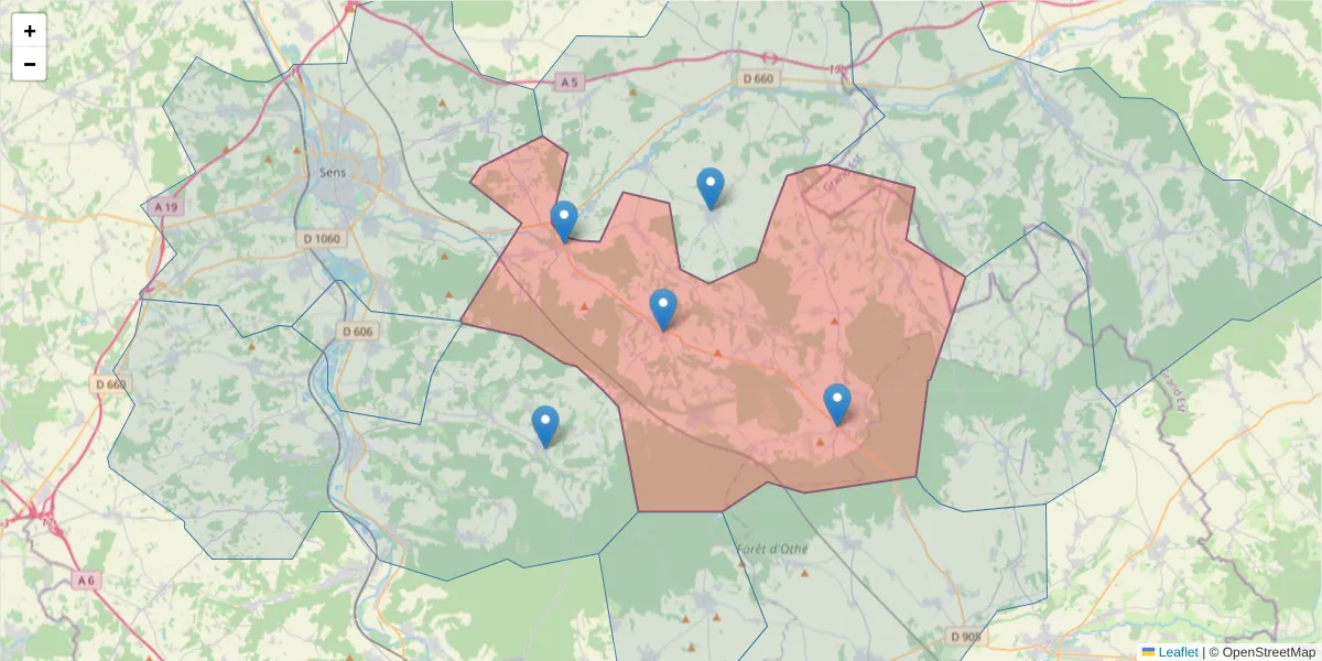 Carte de la zone du code postal  et des codes postaux voisins en France