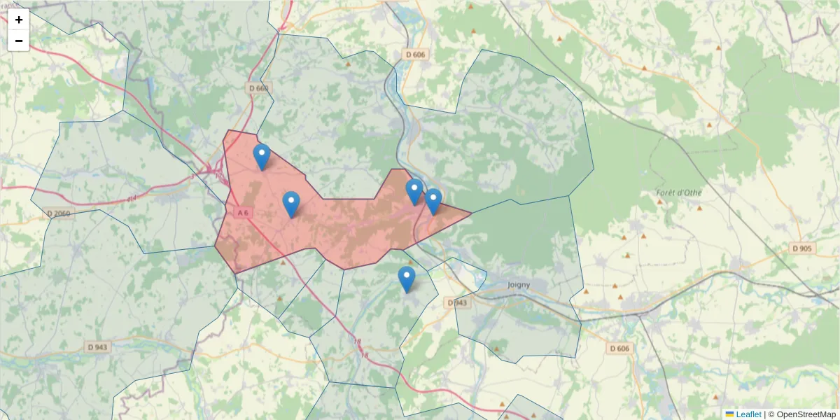 Carte de la zone du code postal  et des codes postaux voisins en France