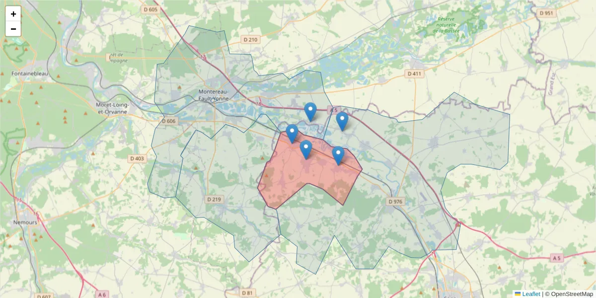 Carte de la zone du code postal  et des codes postaux voisins en France