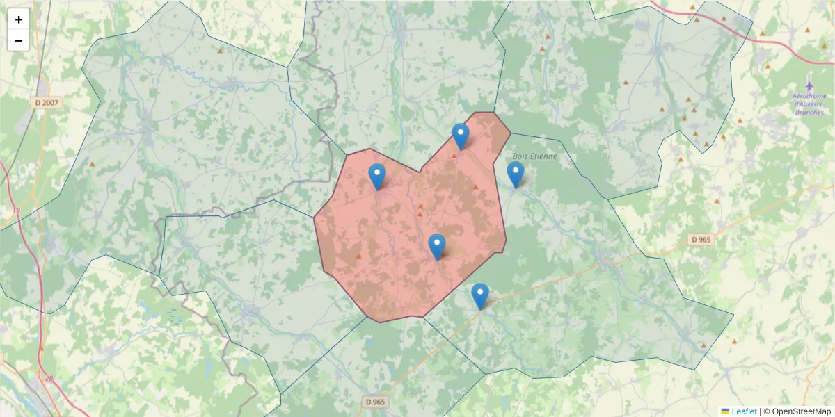 Carte de la zone du code postal  et des codes postaux voisins en France