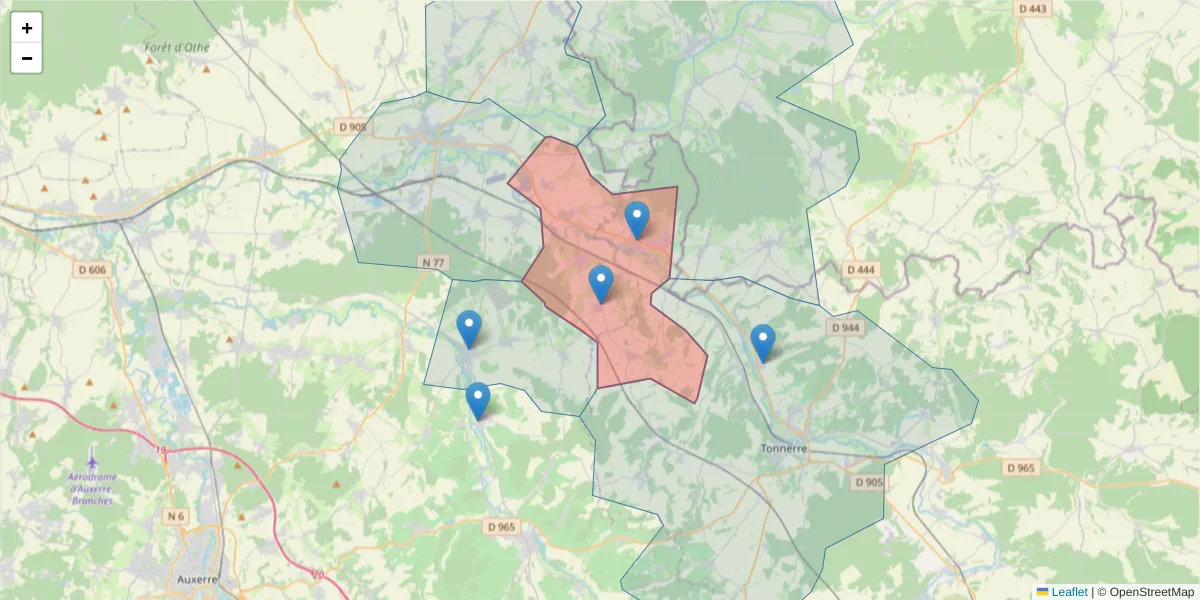 Carte de la zone du code postal  et des codes postaux voisins en France