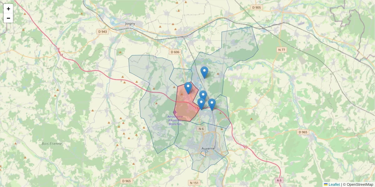 Carte de la zone du code postal  et des codes postaux voisins en France