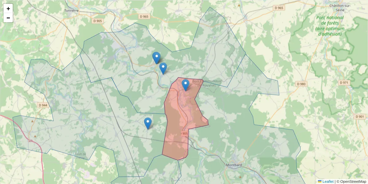 Carte de la zone du code postal  et des codes postaux voisins en France