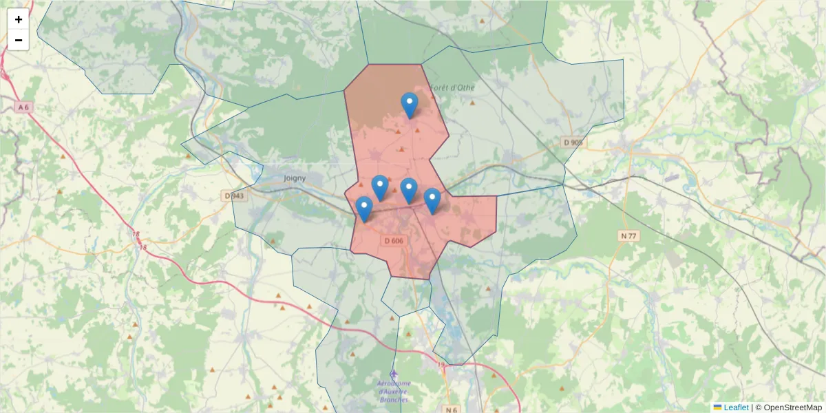 Carte de la zone du code postal  et des codes postaux voisins en France