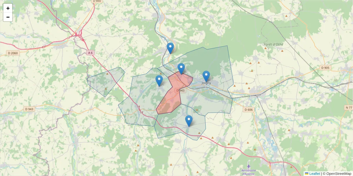 Carte de la zone du code postal  et des codes postaux voisins en France