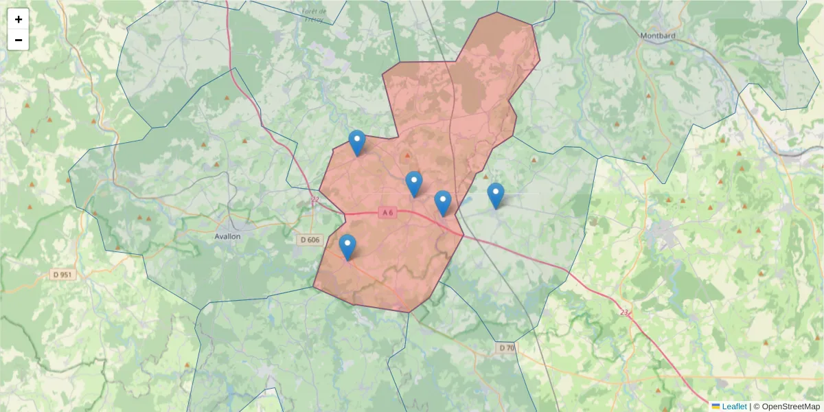 Carte de la zone du code postal  et des codes postaux voisins en France