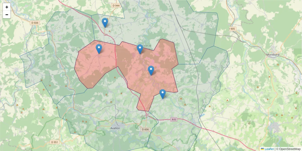 Carte de la zone du code postal  et des codes postaux voisins en France