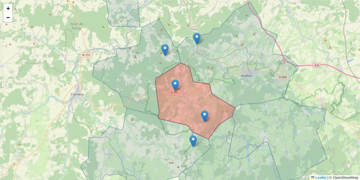 Carte de la zone du code postal  et des codes postaux voisins en France
