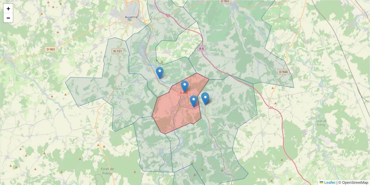 Carte de la zone du code postal  et des codes postaux voisins en France