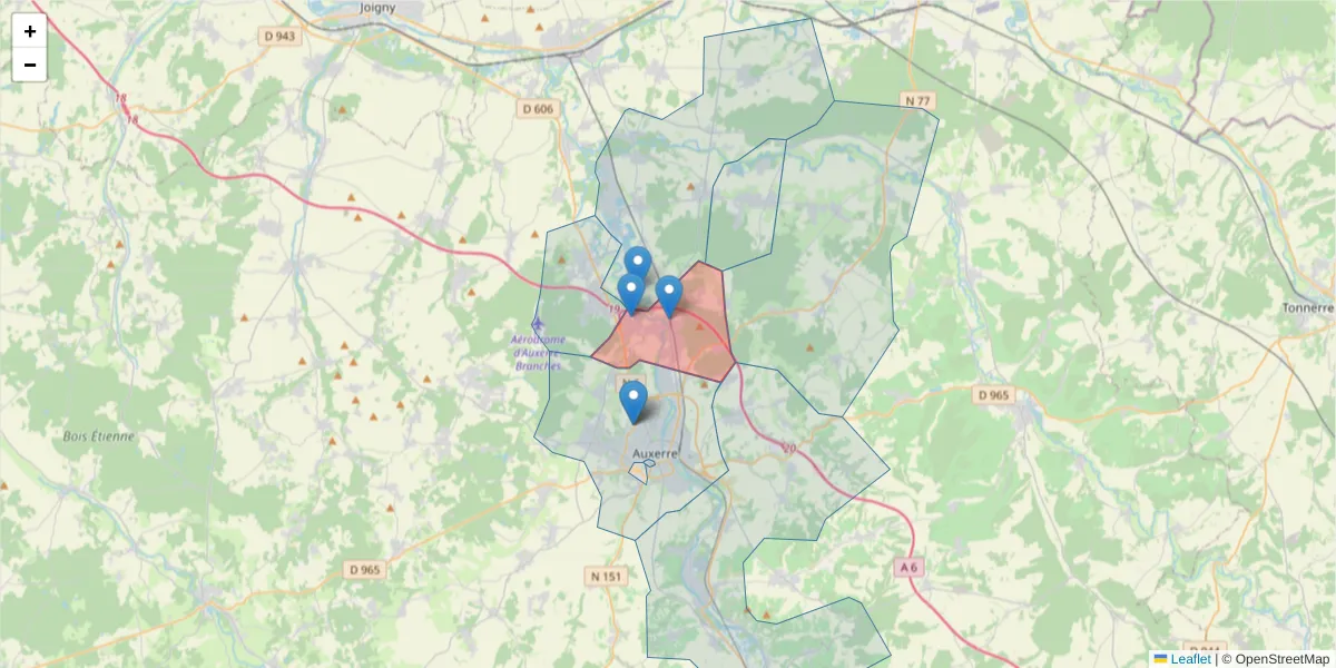 Carte de la zone du code postal  et des codes postaux voisins en France