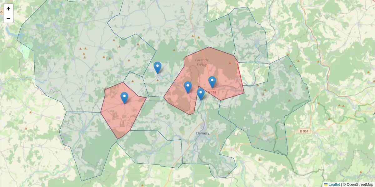 Carte de la zone du code postal  et des codes postaux voisins en France