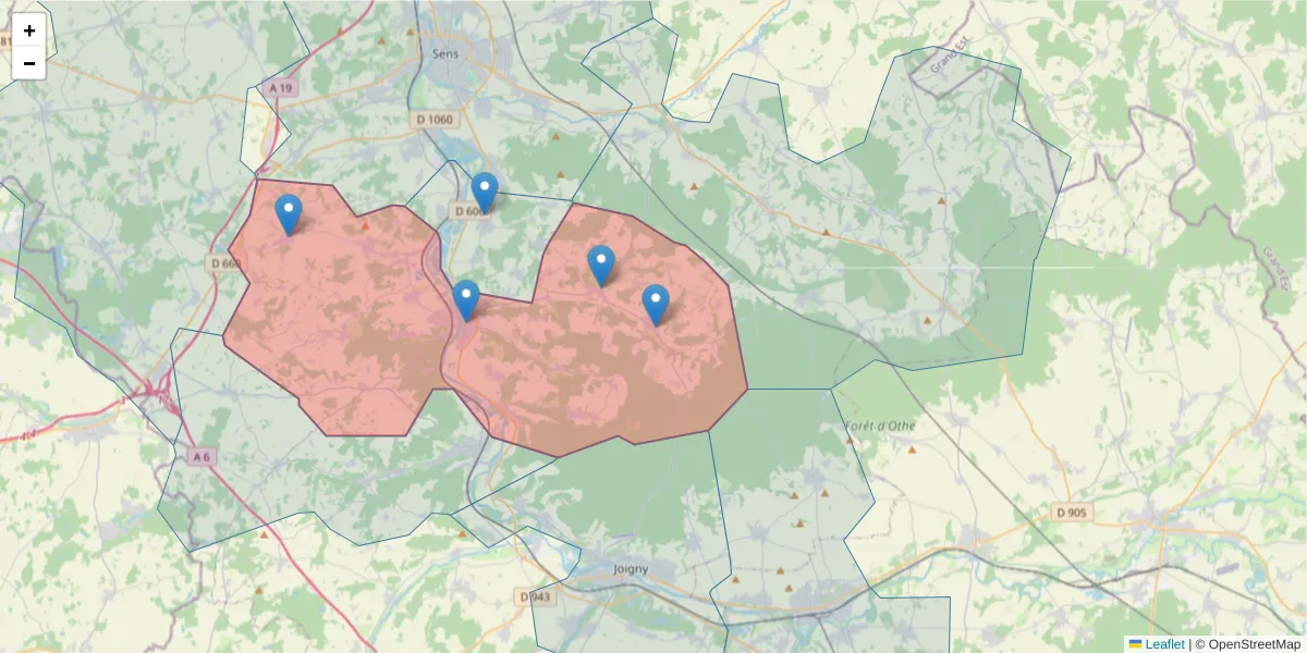 Carte de la zone du code postal  et des codes postaux voisins en France