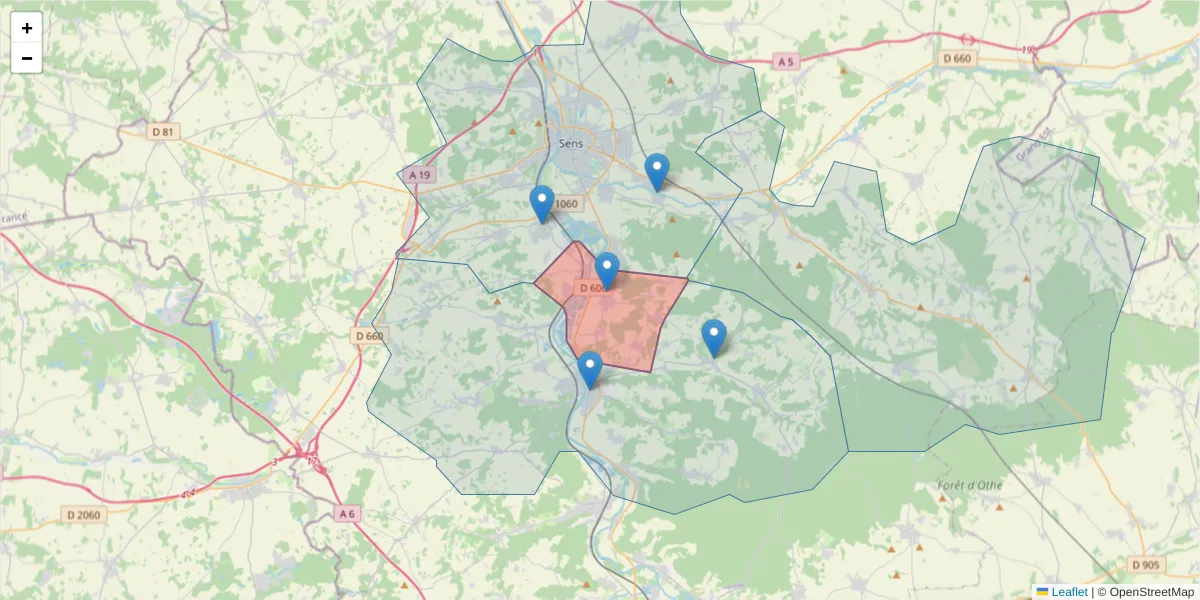 Carte de la zone du code postal  et des codes postaux voisins en France