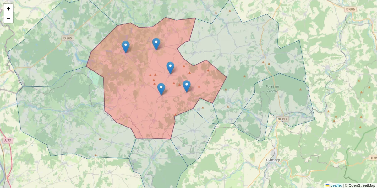 Carte de la zone du code postal  et des codes postaux voisins en France