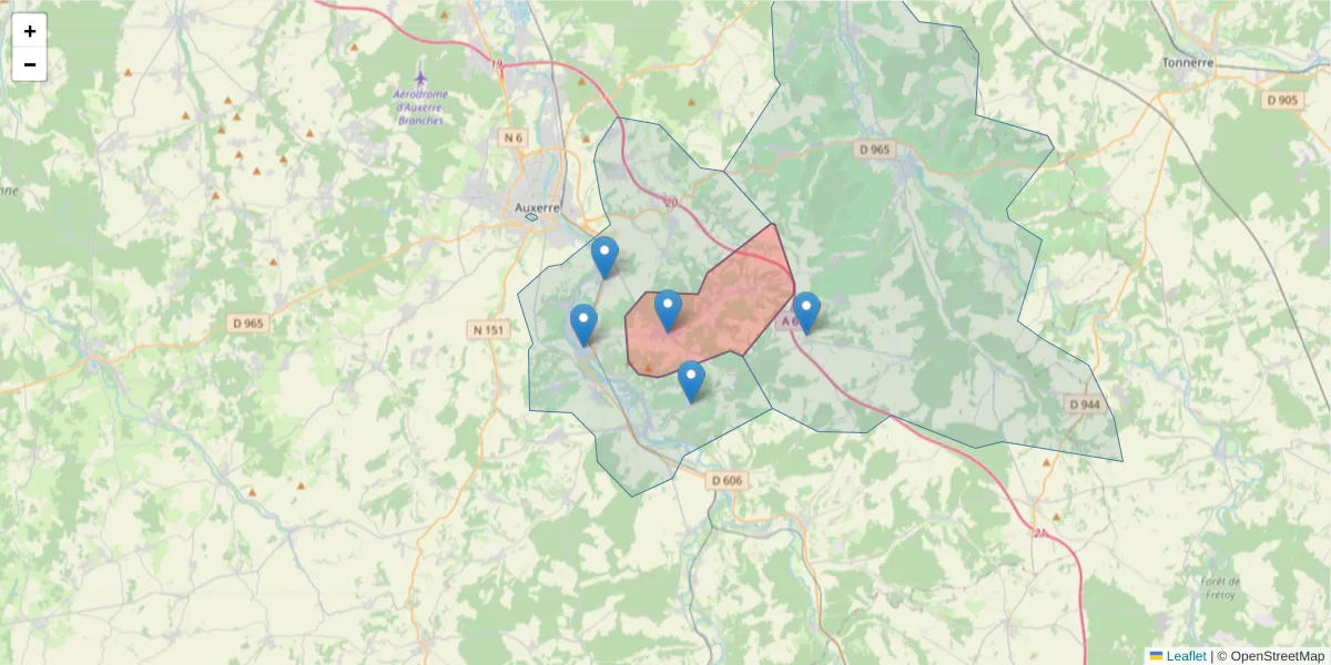 Carte de la zone du code postal  et des codes postaux voisins en France