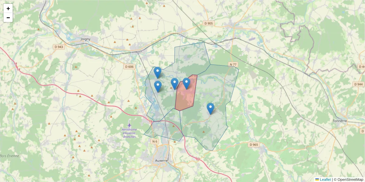 Carte de la zone du code postal  et des codes postaux voisins en France