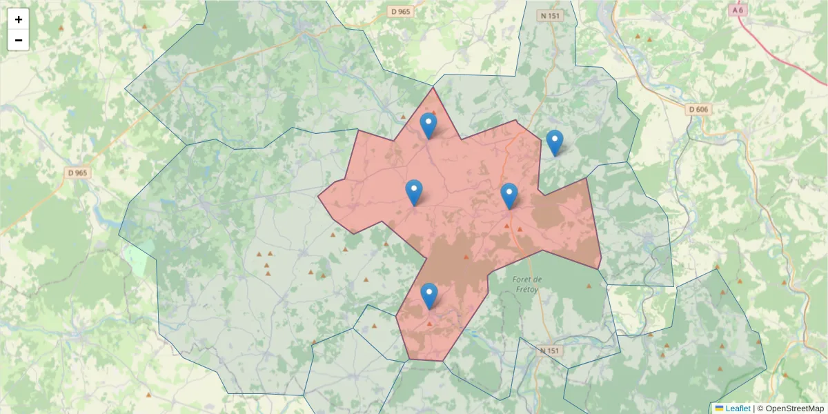 Carte de la zone du code postal  et des codes postaux voisins en France
