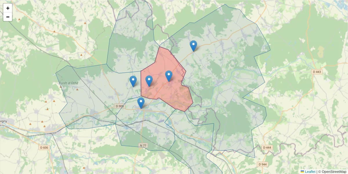 Carte de la zone du code postal  et des codes postaux voisins en France
