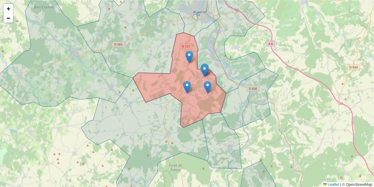 Carte de la zone du code postal  et des codes postaux voisins en France