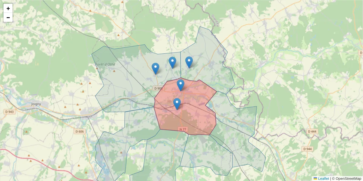 Carte de la zone du code postal  et des codes postaux voisins en France