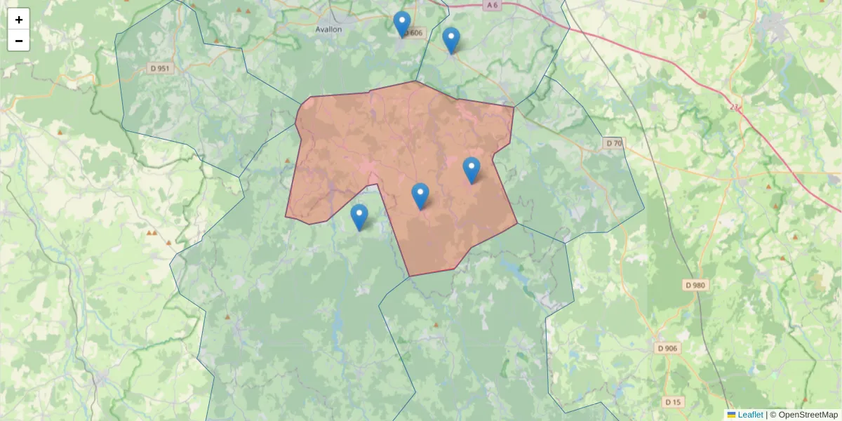 Carte de la zone du code postal  et des codes postaux voisins en France