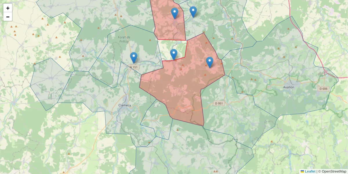Carte de la zone du code postal  et des codes postaux voisins en France