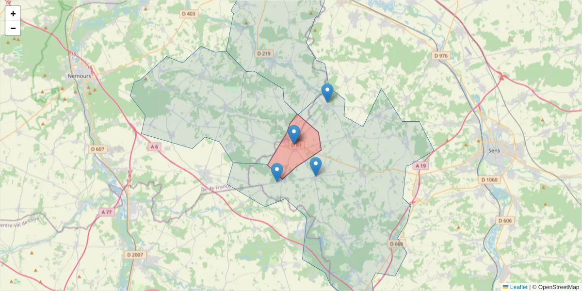 Carte de la zone du code postal  et des codes postaux voisins en France