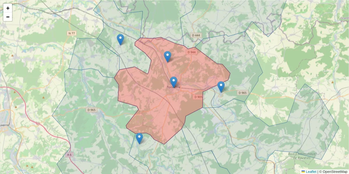 Carte de la zone du code postal  et des codes postaux voisins en France