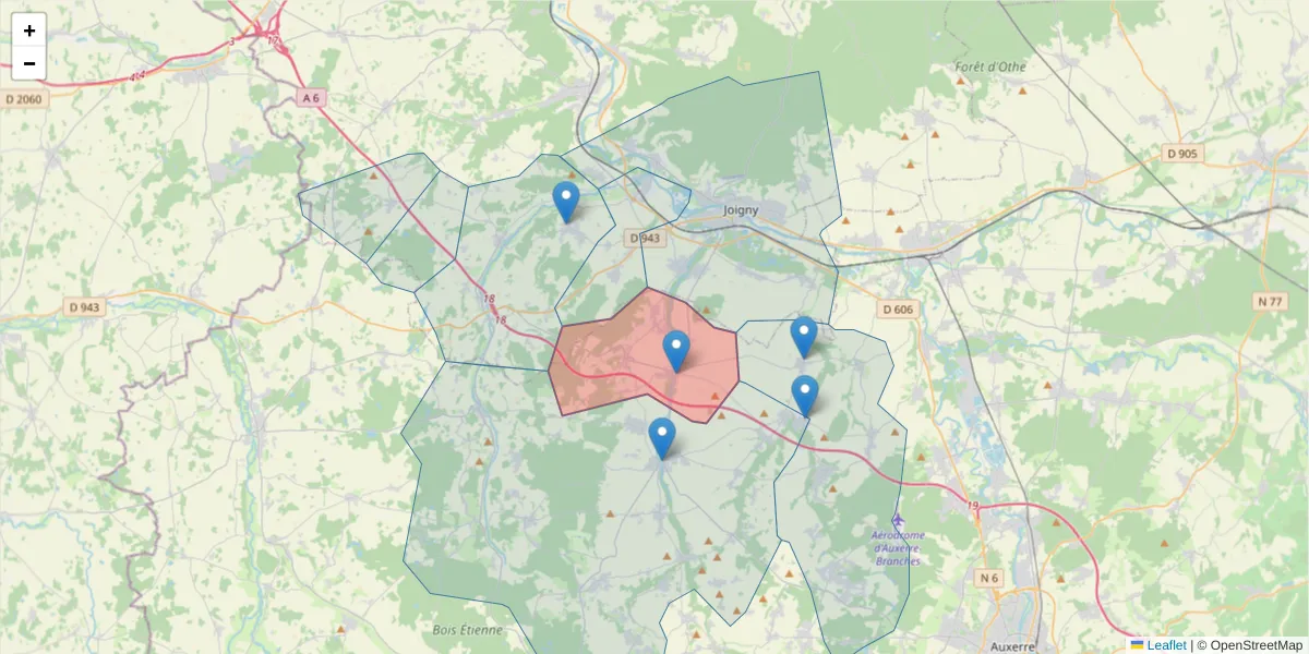 Carte de la zone du code postal  et des codes postaux voisins en France