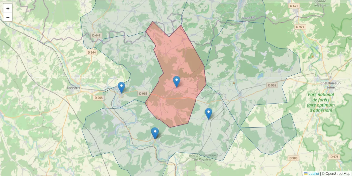Carte de la zone du code postal  et des codes postaux voisins en France