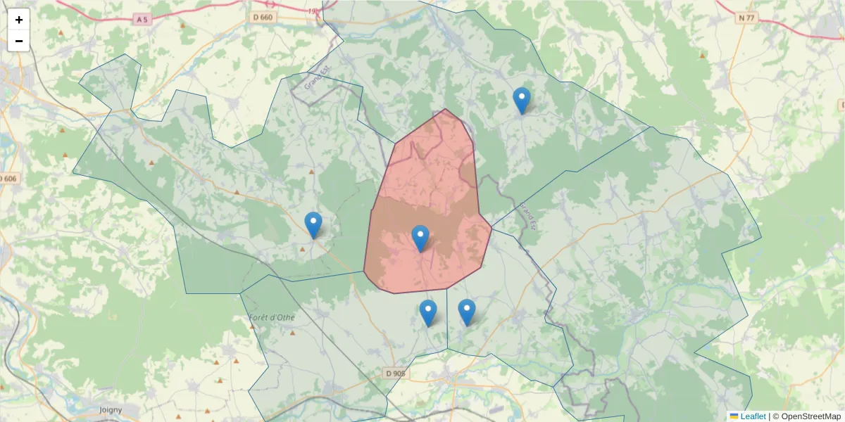 Carte de la zone du code postal  et des codes postaux voisins en France