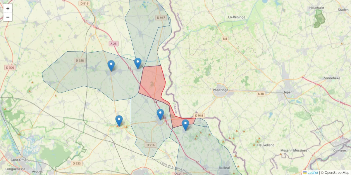 Carte de la zone du code postal  et des codes postaux voisins en France