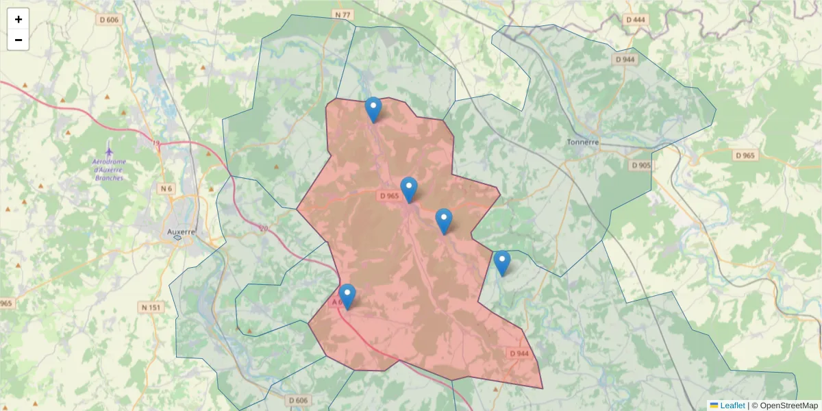 Carte de la zone du code postal  et des codes postaux voisins en France