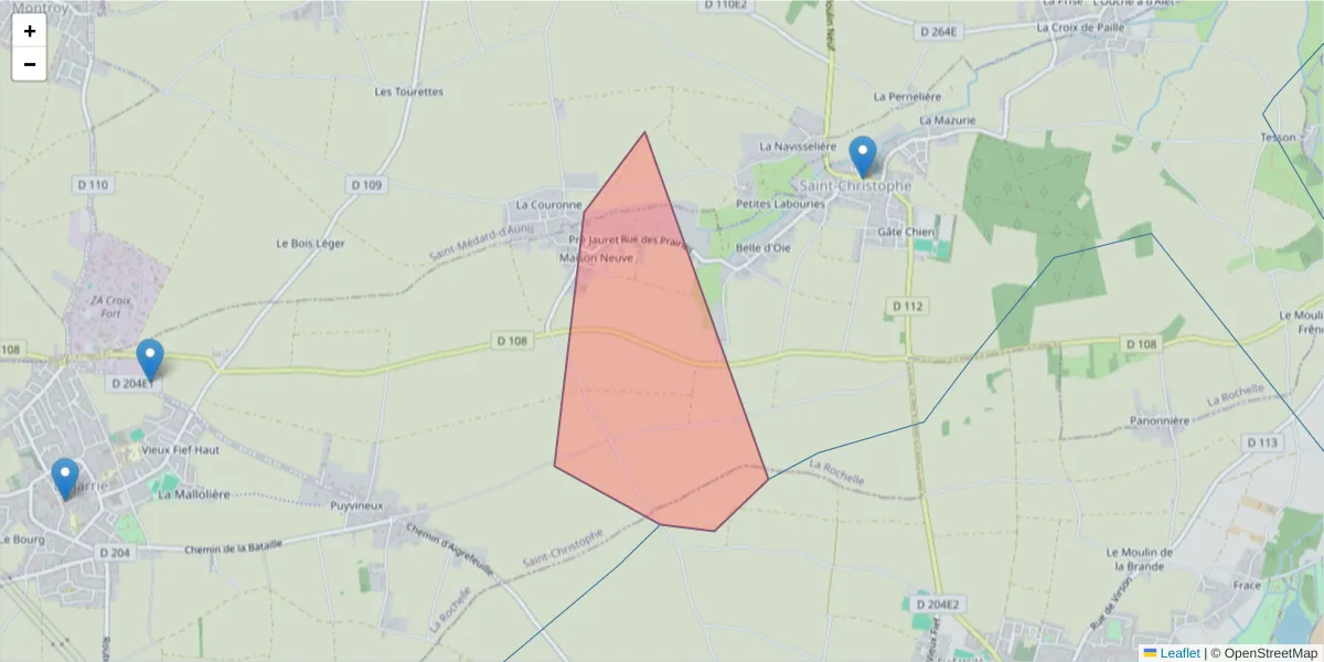Carte de la zone du code postal  et des codes postaux voisins en France