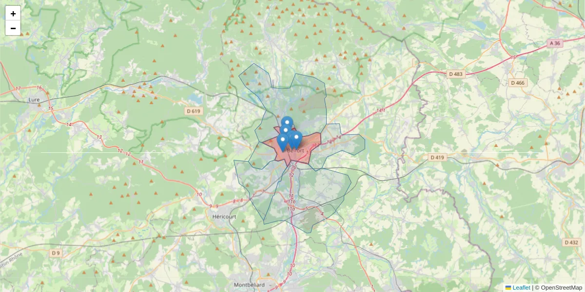 Carte de la zone du code postal  et des codes postaux voisins en France