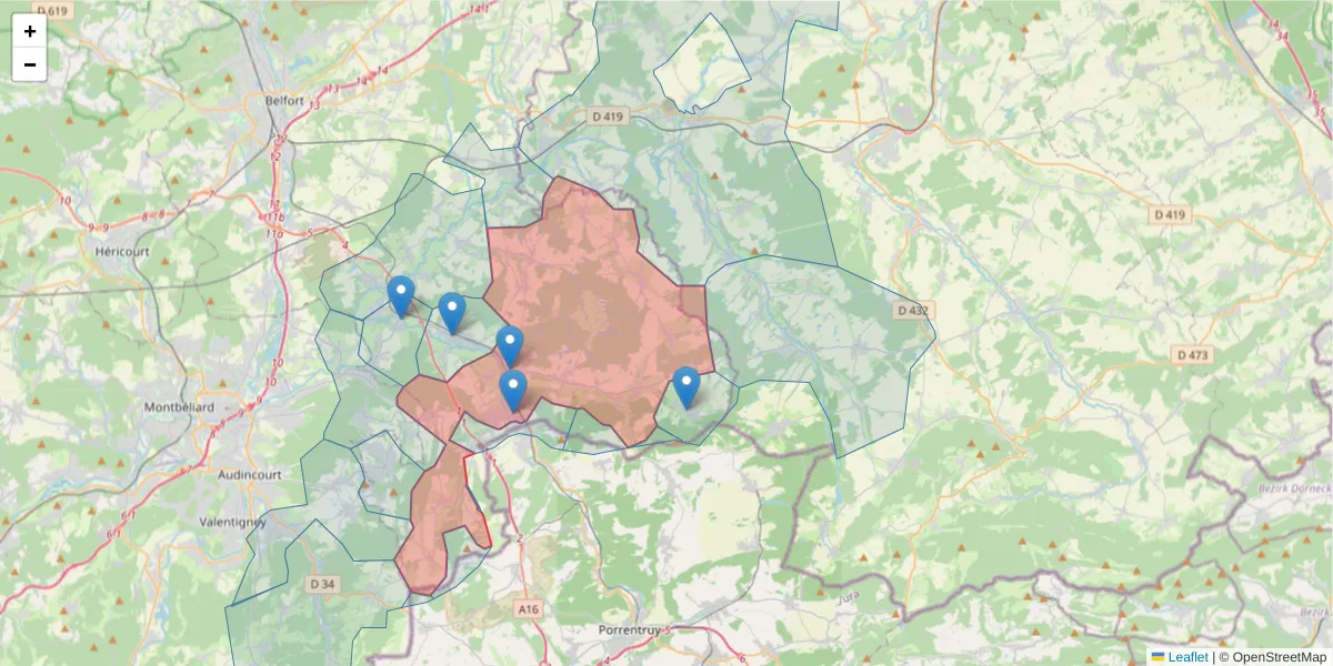 Carte de la zone du code postal  et des codes postaux voisins en France