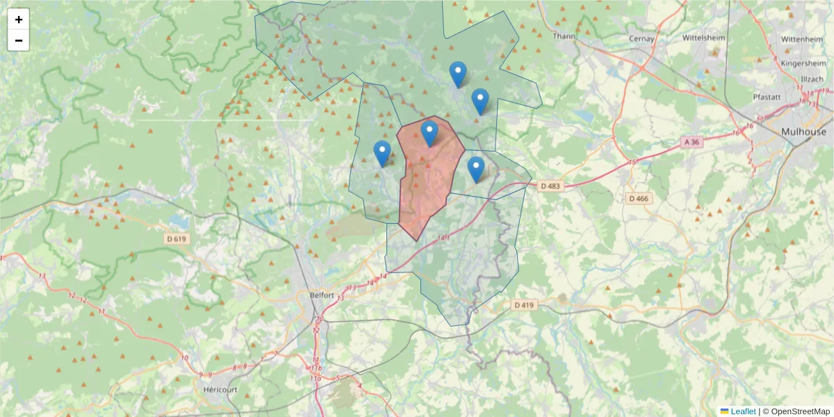 Carte de la zone du code postal  et des codes postaux voisins en France