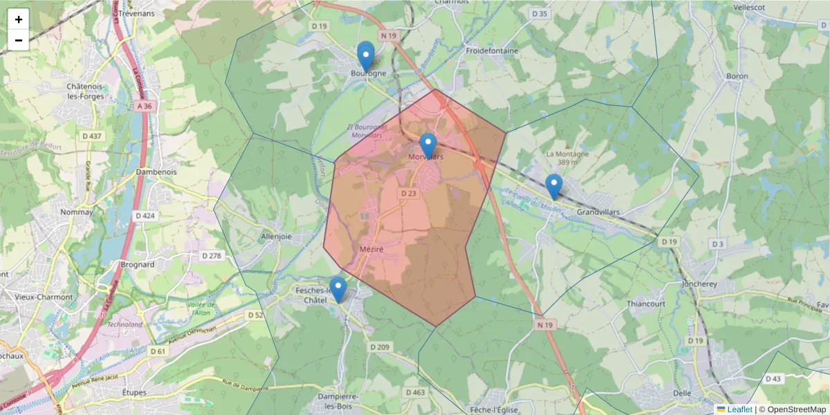 Carte de la zone du code postal  et des codes postaux voisins en France