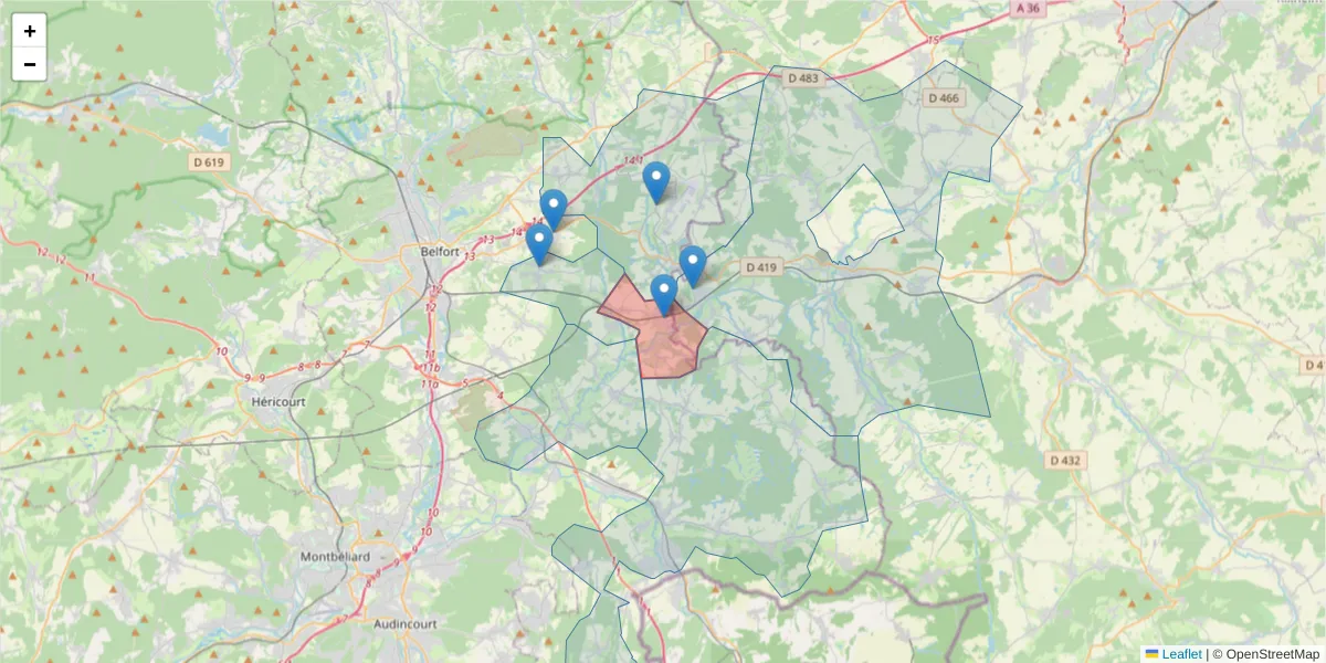 Carte de la zone du code postal  et des codes postaux voisins en France