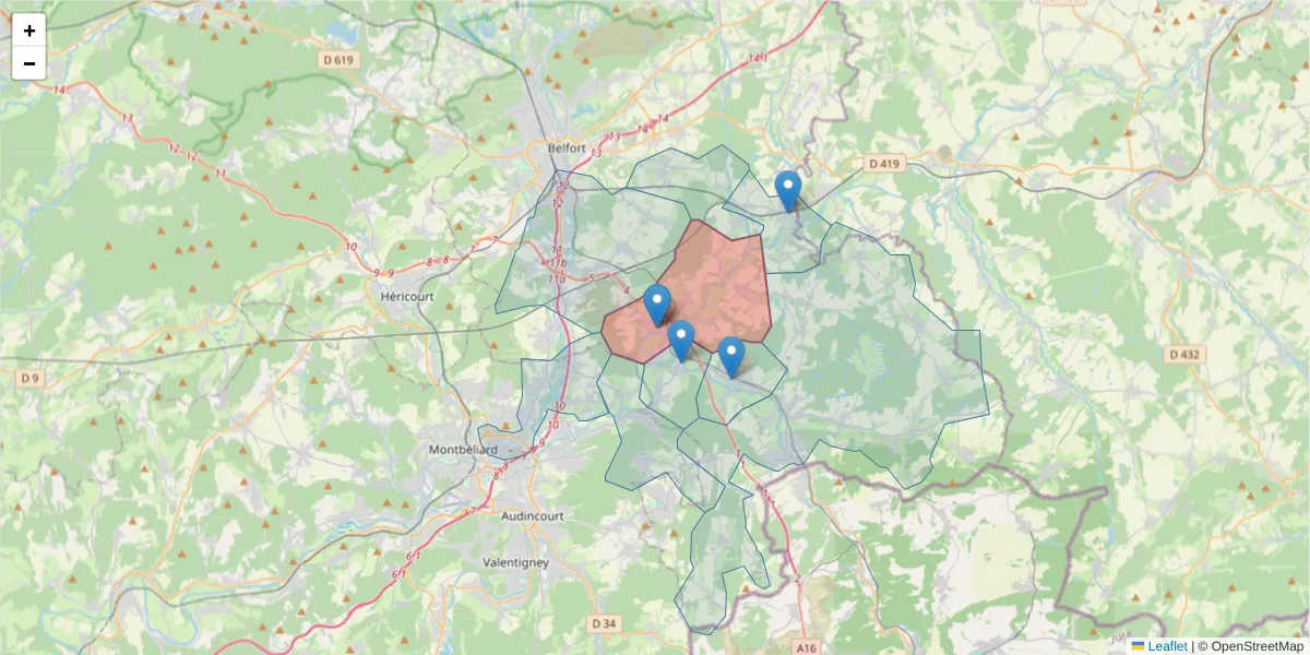 Carte de la zone du code postal  et des codes postaux voisins en France