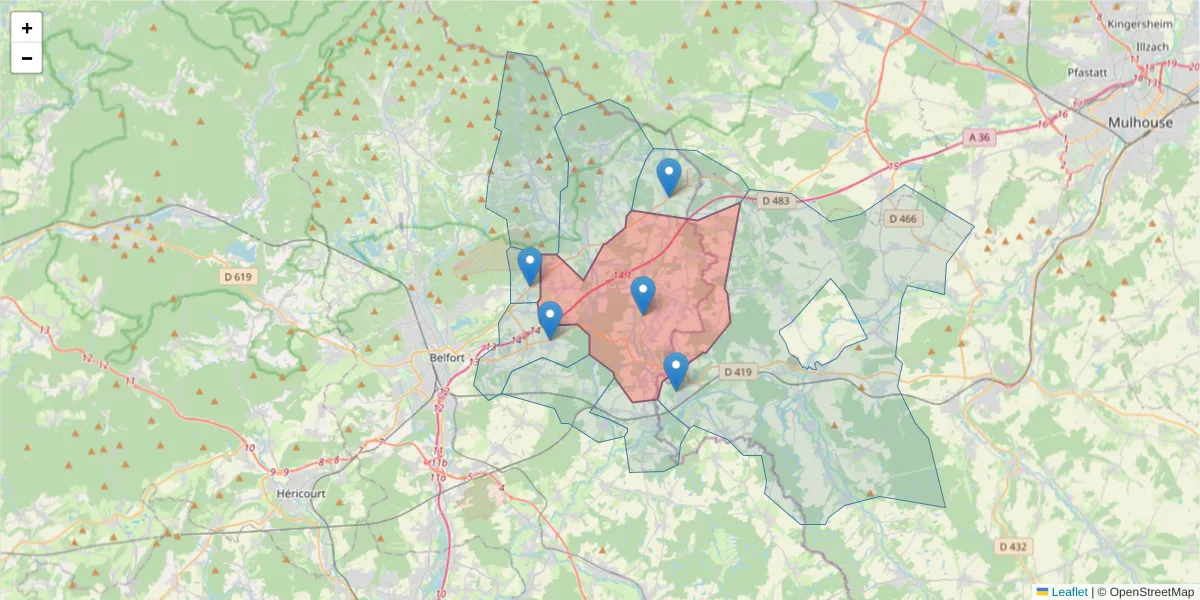 Carte de la zone du code postal  et des codes postaux voisins en France