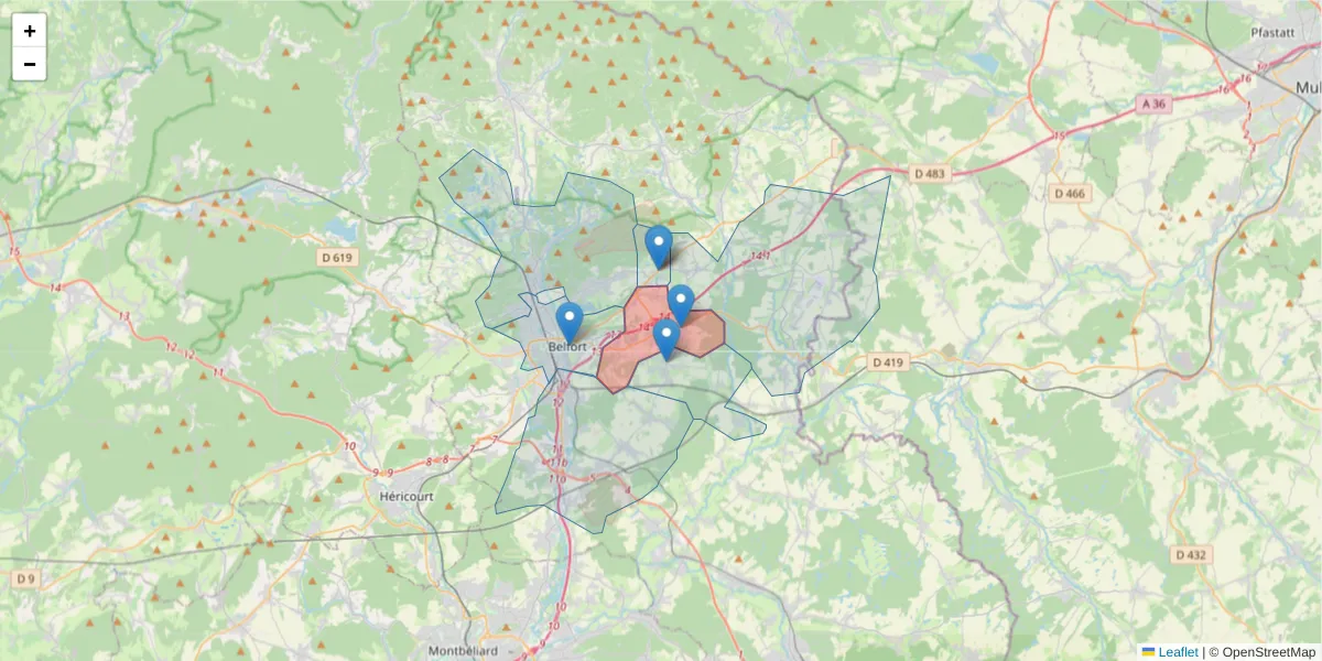 Carte de la zone du code postal  et des codes postaux voisins en France