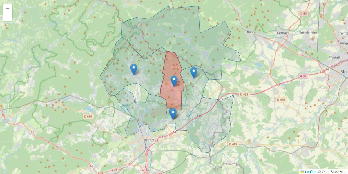 Carte de la zone du code postal  et des codes postaux voisins en France