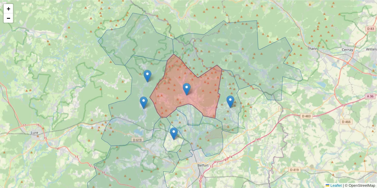 Carte de la zone du code postal  et des codes postaux voisins en France