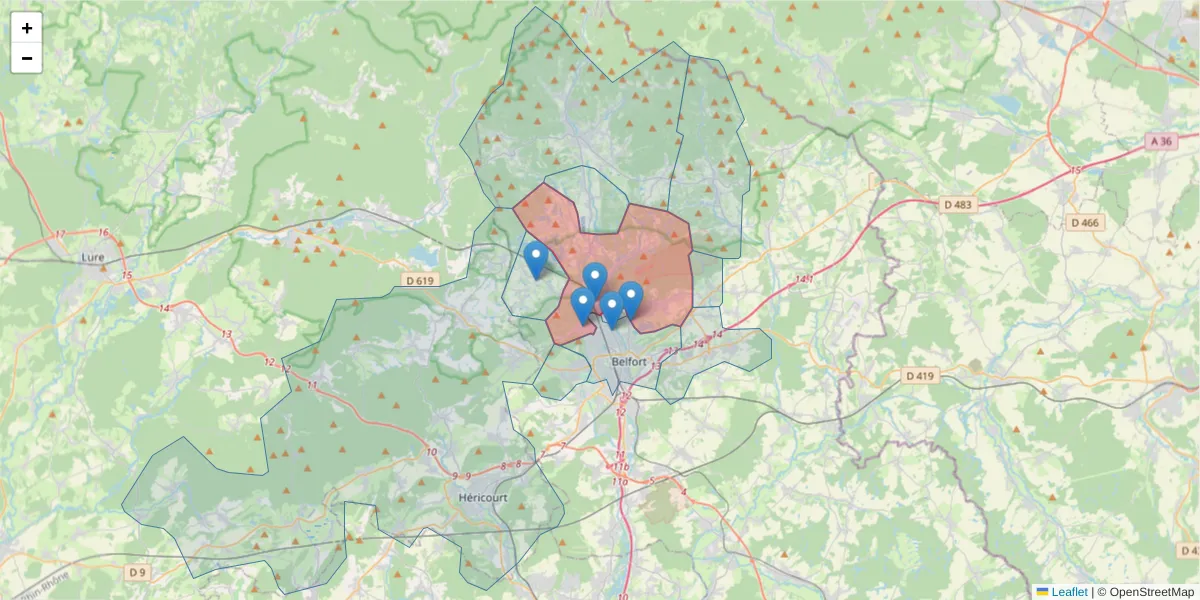 Carte de la zone du code postal  et des codes postaux voisins en France