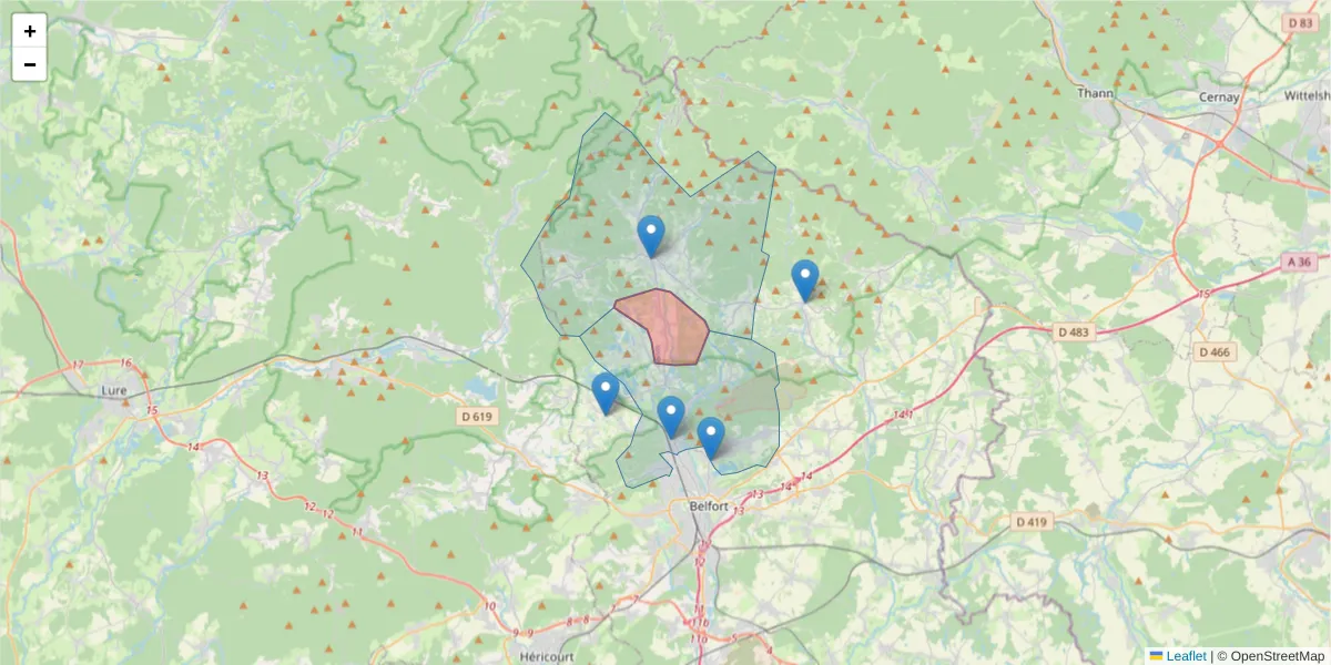 Carte de la zone du code postal  et des codes postaux voisins en France