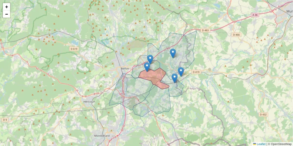 Carte de la zone du code postal  et des codes postaux voisins en France