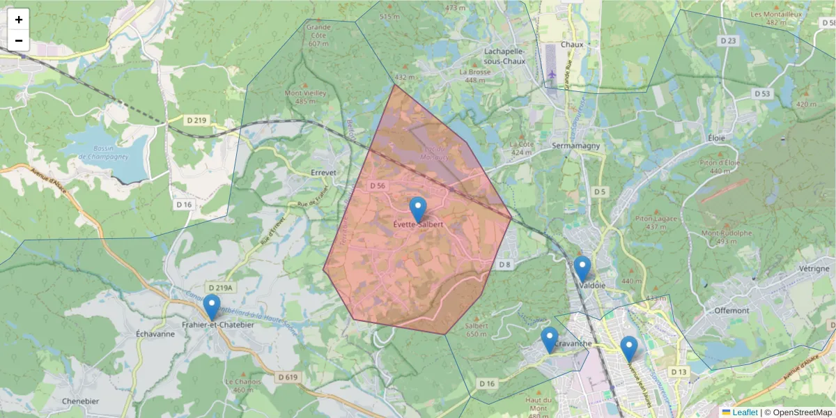 Carte de la zone du code postal  et des codes postaux voisins en France