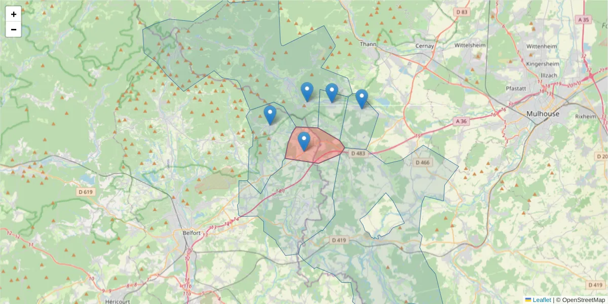 Carte de la zone du code postal  et des codes postaux voisins en France