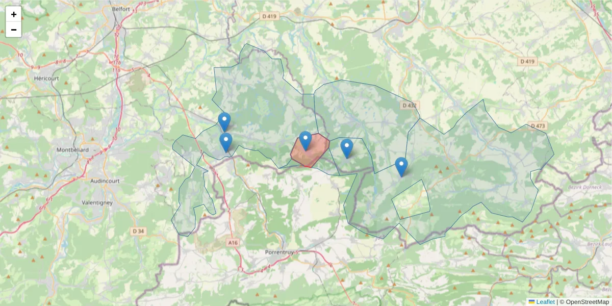 Carte de la zone du code postal  et des codes postaux voisins en France